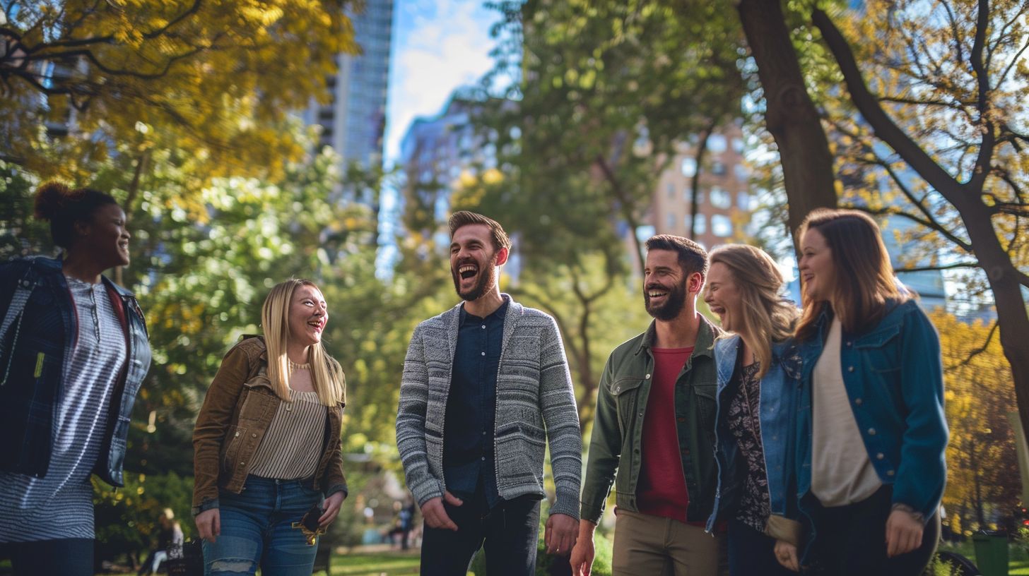 A group of friends dressed casually, laughing and walking together in a vibrant city park. A group of friends dressed casually, laughing and walking together in a vibrant city park.