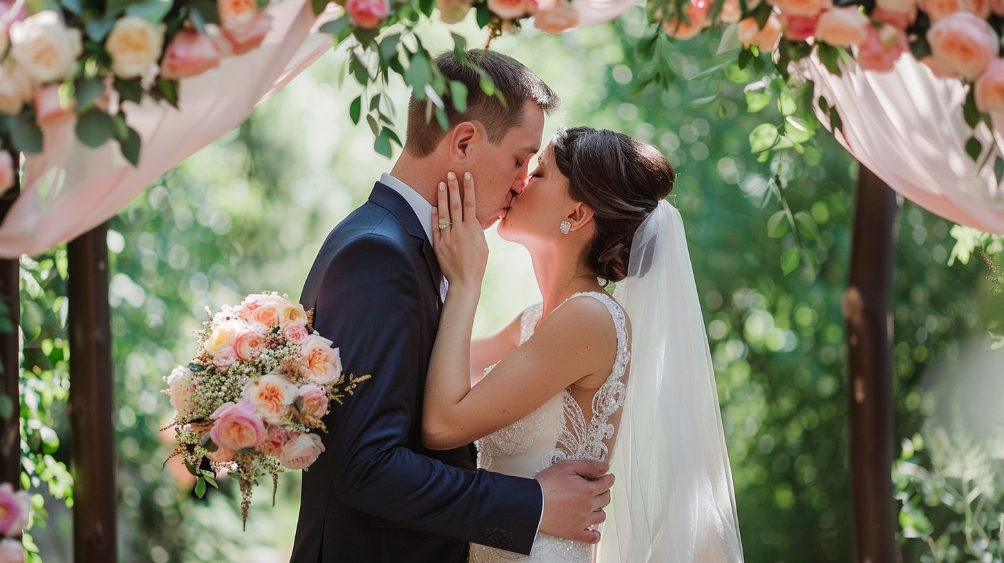 A bride and groom share a kiss under a floral arch at their wedding. A bride and groom share a kiss under a floral arch at their wedding.