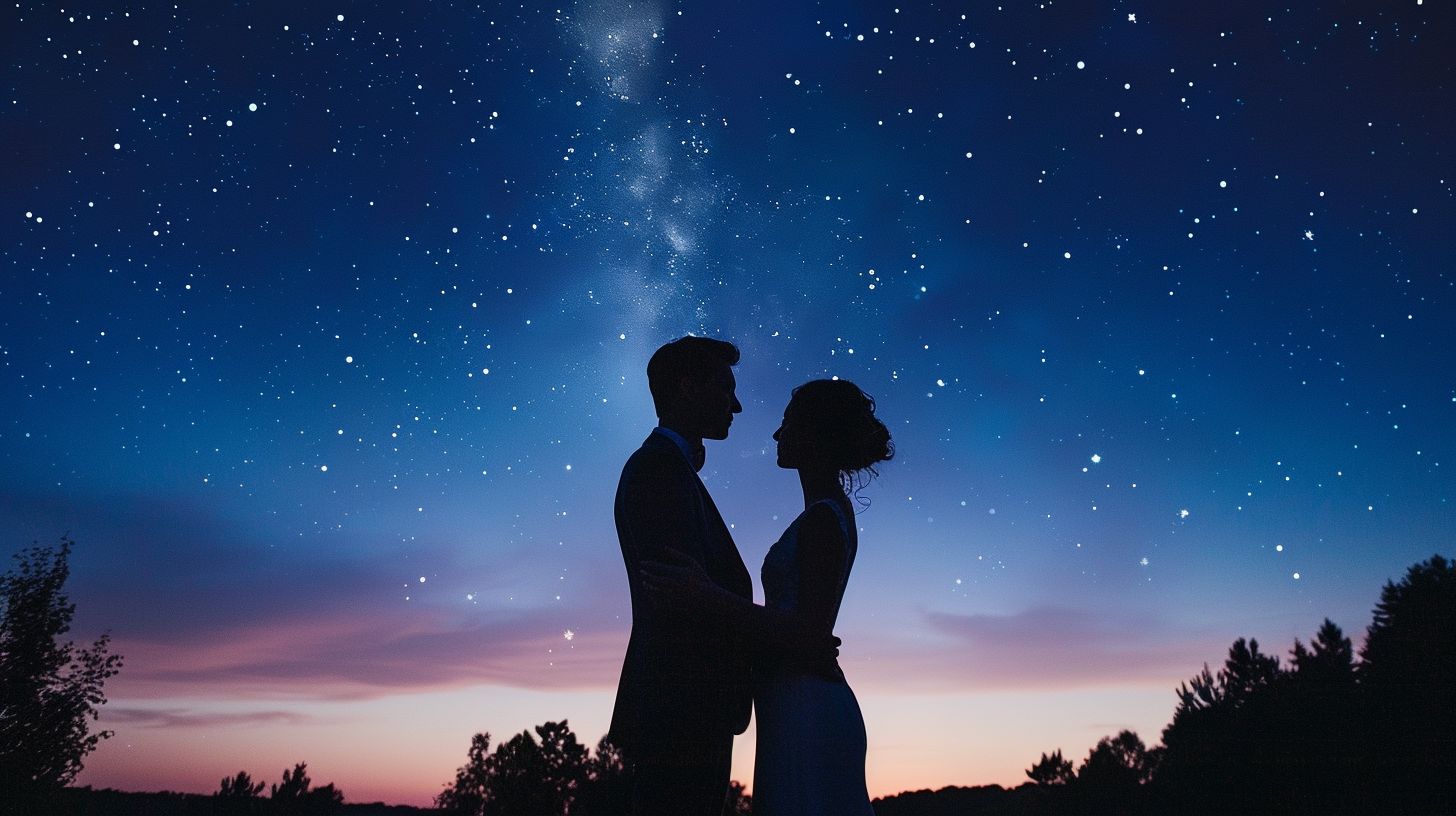 A wedding videographer captures a newlywed couple sharing a romantic dance under the starry night sky. A wedding videographer captures a newlywed couple sharing a romantic dance under the starry night sky.