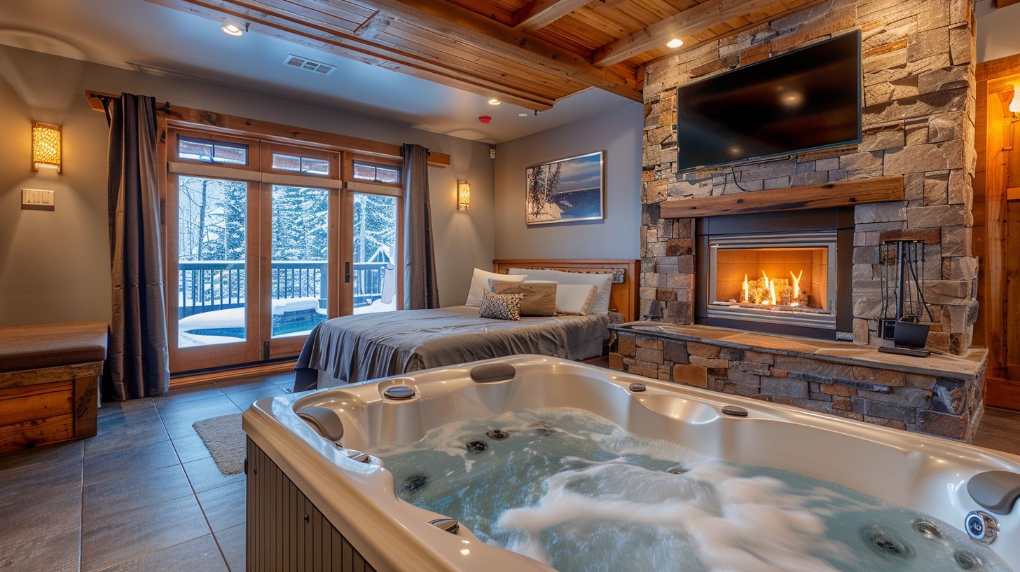 A luxurious suite with hot tub and fireplace, captured with a wide-angle lens. A luxurious suite with hot tub and fireplace, captured with a wide-angle lens.