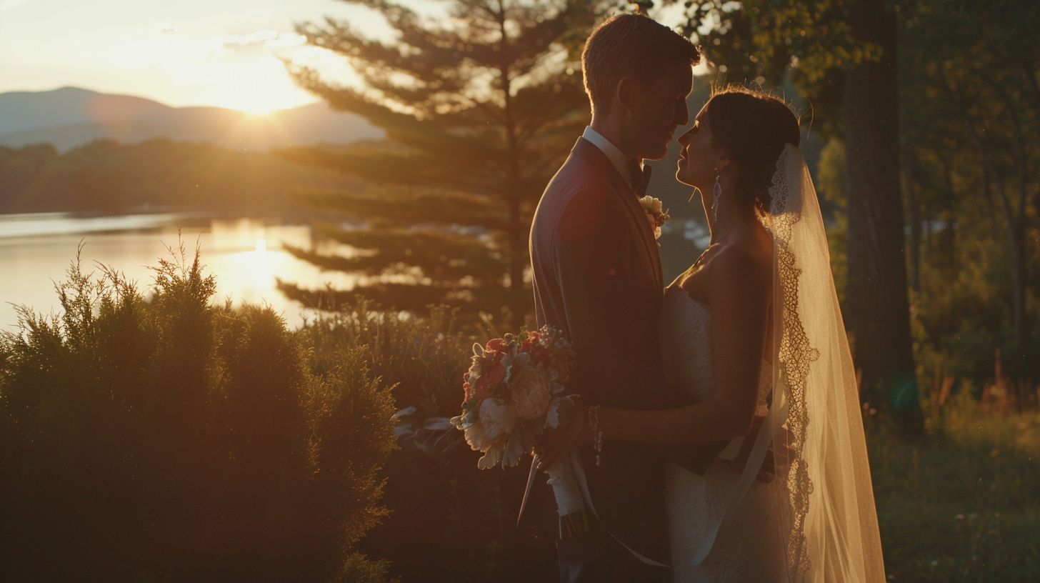 The wedding videographer captures a romantic embrace in a picturesque outdoor setting with a full-frame DSLR camera. The wedding videographer captures a romantic embrace in a picturesque outdoor setting with a full-frame DSLR camera.