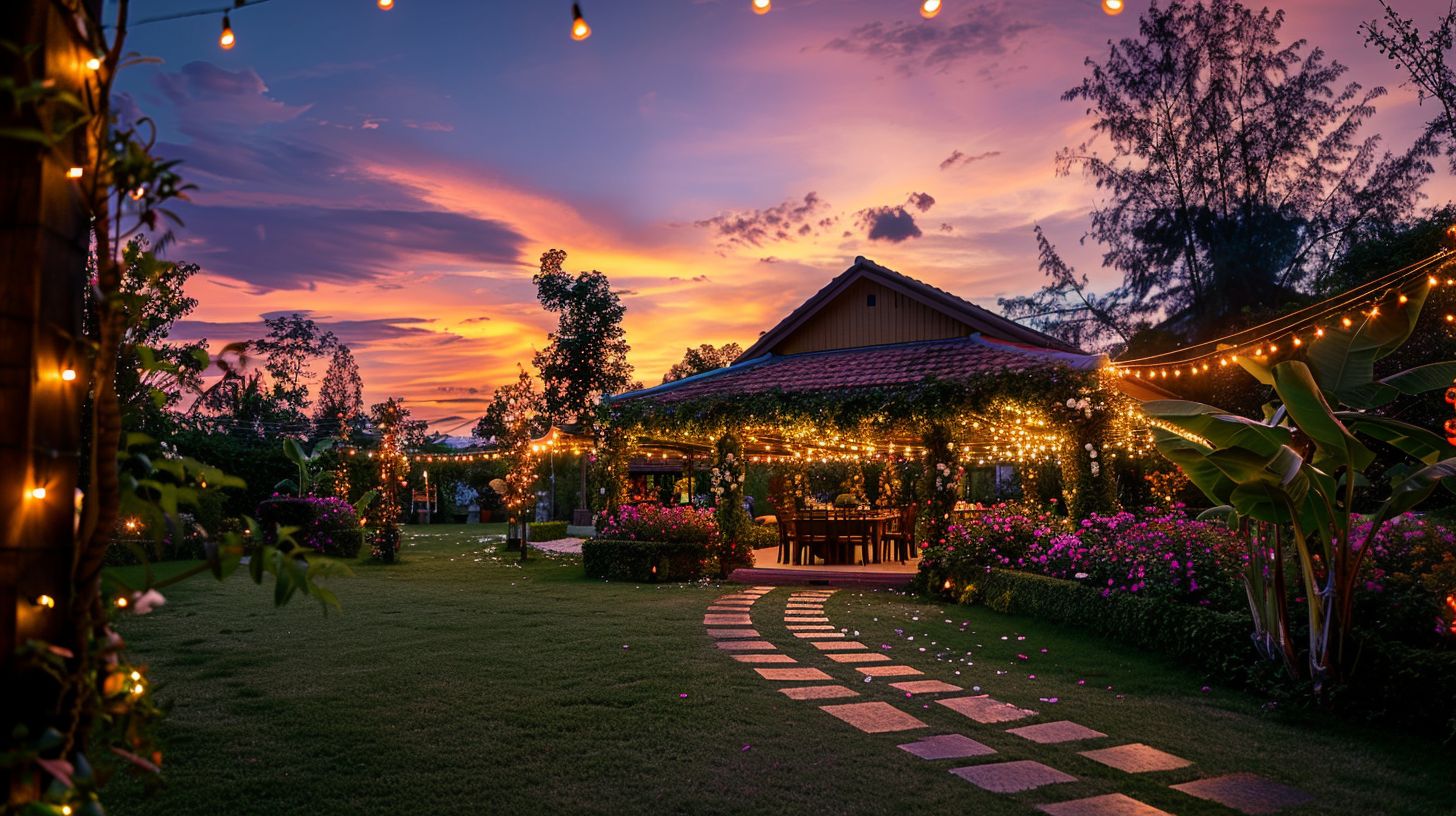 A wedding venue decorated with flowers and fairy lights at sunset. A wedding venue decorated with flowers and fairy lights at sunset.