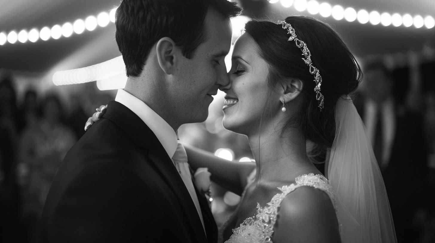 A newlywed couple shares an intimate embrace at their wedding reception. A newlywed couple shares an intimate embrace at their wedding reception.