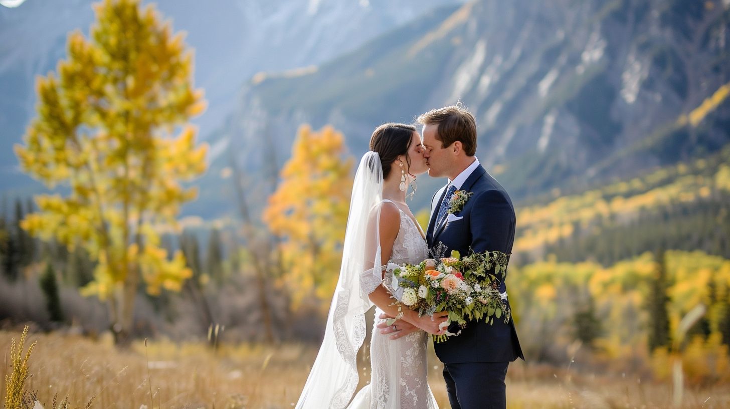 A bride and groom sharing a kiss with a mountain backdrop in a scenic landscape. A bride and groom sharing a kiss with a mountain backdrop in a scenic landscape.