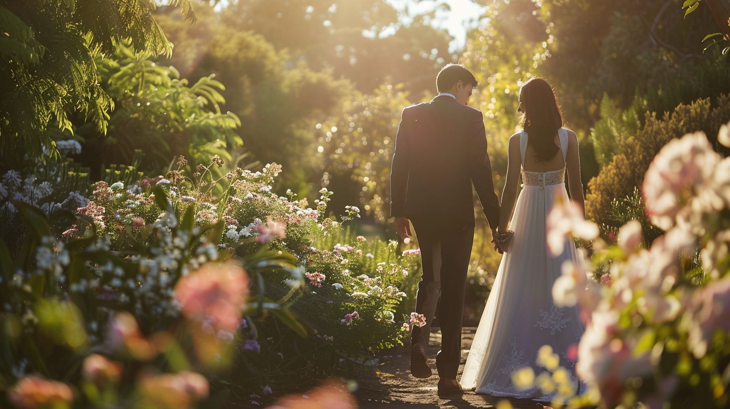 A newly married couple walking through a blooming garden captured by editorial wedding photography. A newly married couple walking through a blooming garden captured by editorial wedding photography.