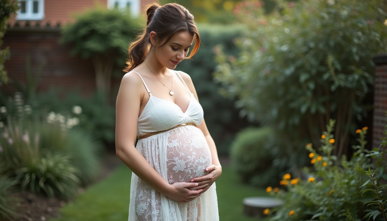 A pregnant woman in her 30s wearing a white maternity dress touches her baby bump in a garden. A pregnant woman in her 30s wearing a white maternity dress touches her baby bump in a garden.