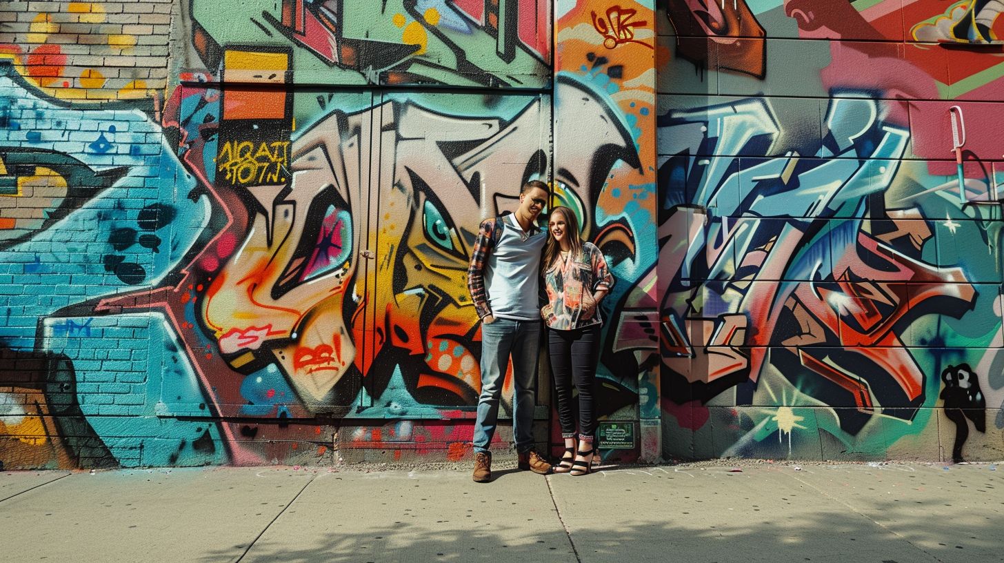 A couple is standing in front of a colorful graffiti wall on The Franklin Street. A couple is standing in front of a colorful graffiti wall on The Franklin Street.