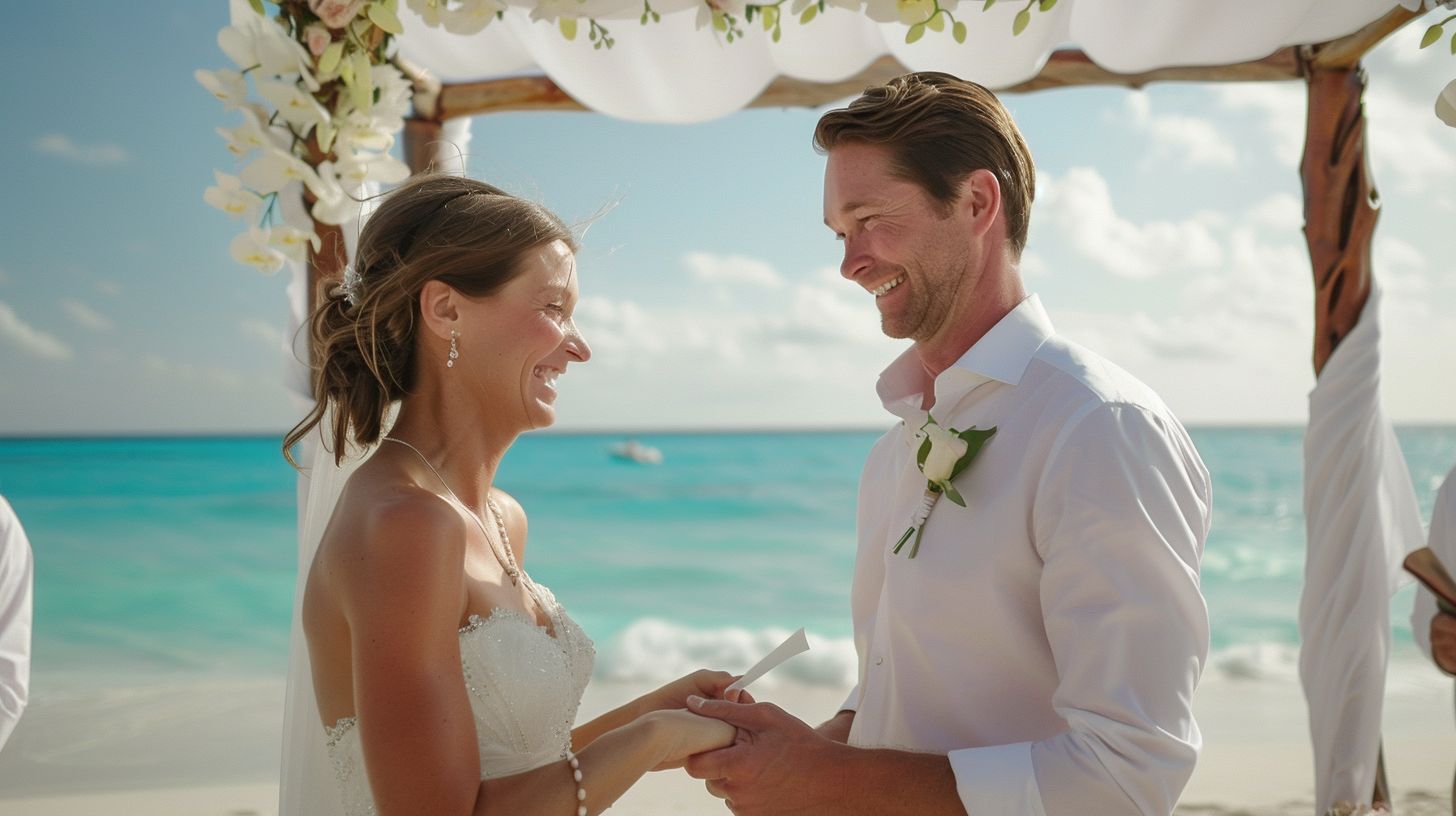A joyful couple getting married on a beautiful sandy beach. A joyful couple getting married on a beautiful sandy beach.