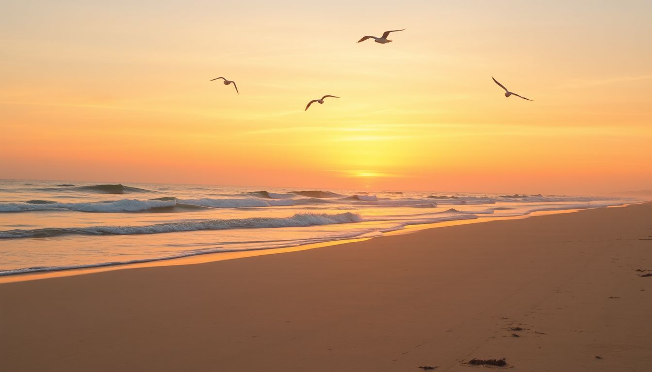 A peaceful beach at sunset with gentle waves, warm sky, and flying seagulls. A peaceful beach at sunset with gentle waves, warm sky, and flying seagulls.