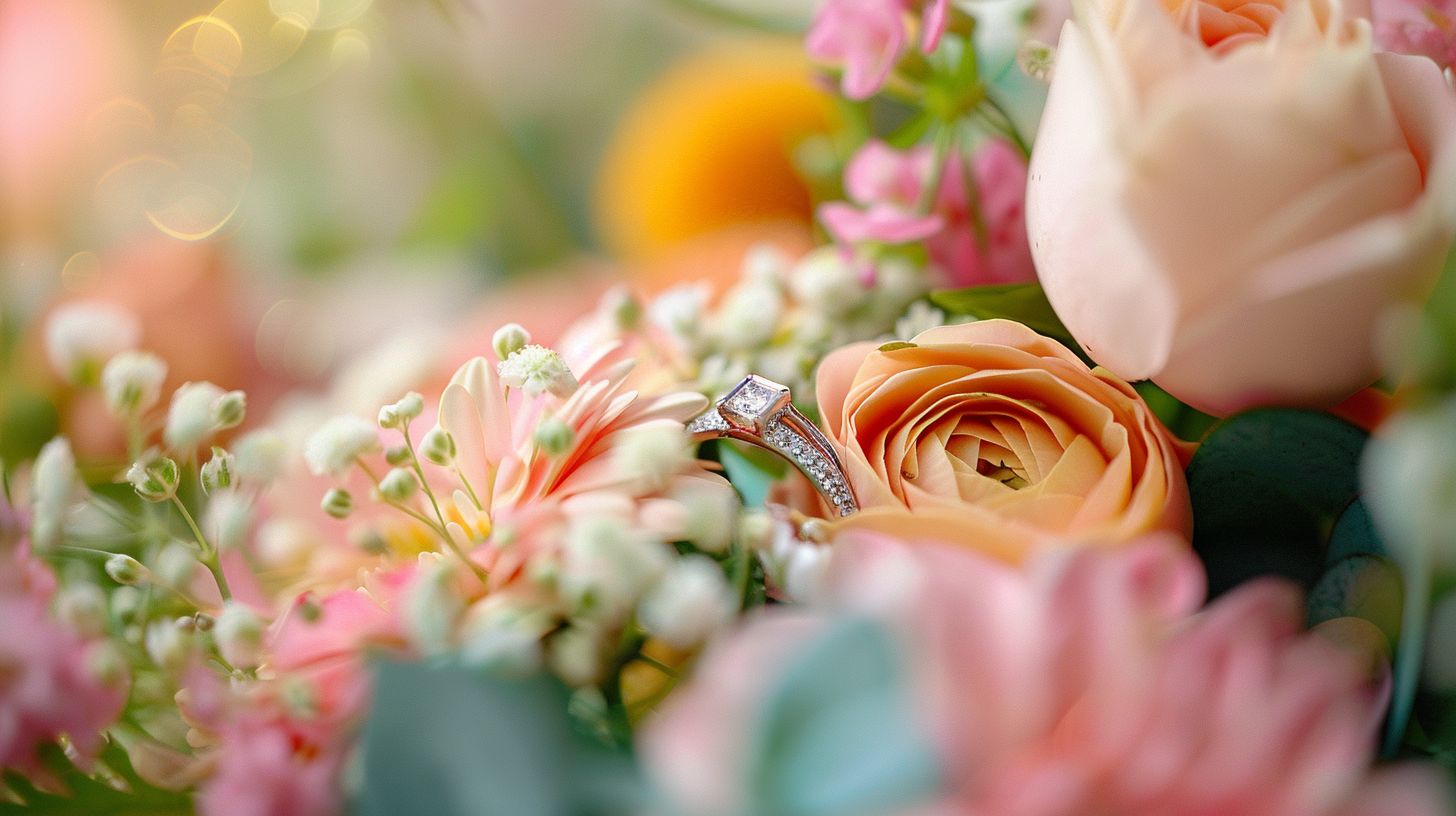 A wedding ring surrounded by colorful flowers in a macro nature photograph. A wedding ring surrounded by colorful flowers in a macro nature photograph.