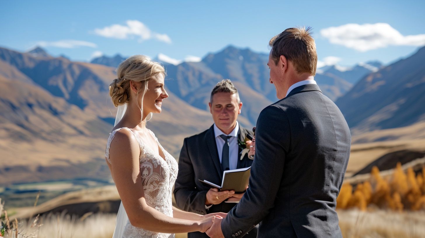 A bride and groom exchange vows with stunning mountain views in the background. A bride and groom exchange vows with stunning mountain views in the background.