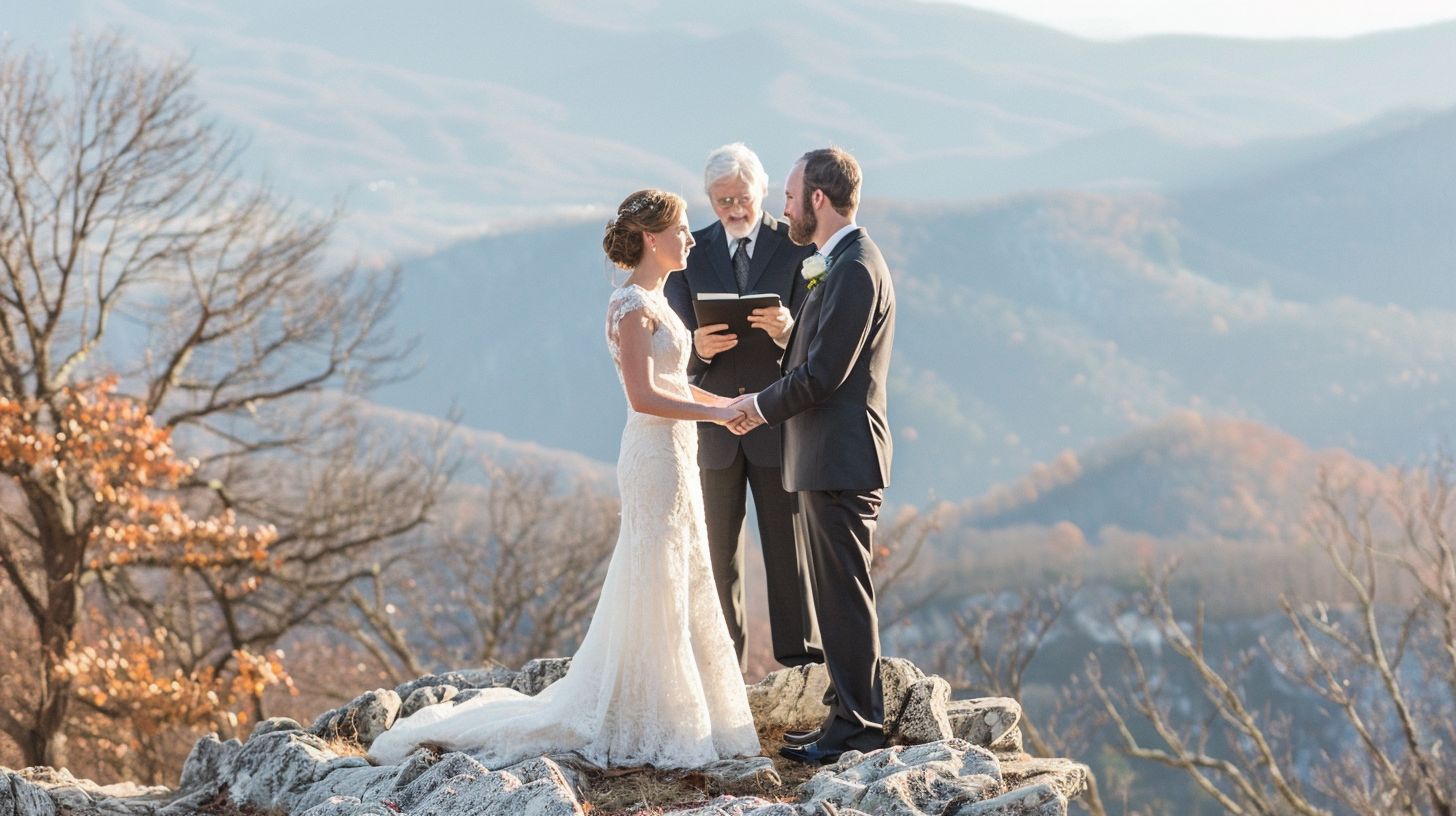 A bride and groom exchange vows on a scenic mountaintop during an outdoor wedding photography session. A bride and groom exchange vows on a scenic mountaintop during an outdoor wedding photography session.
