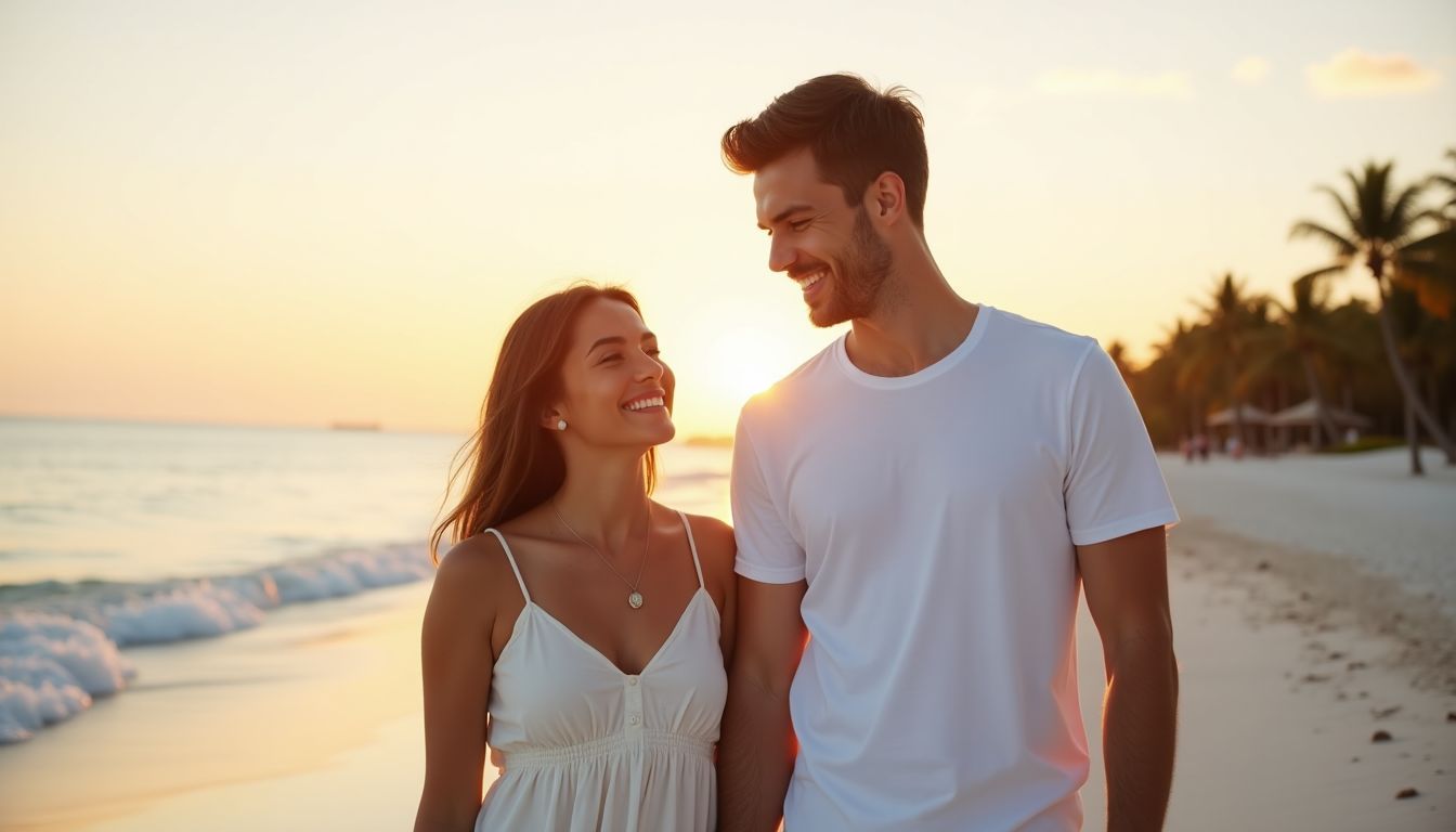 A young couple smiles and holds hands on a Miami beach at sunset. A young couple smiles and holds hands on a Miami beach at sunset.