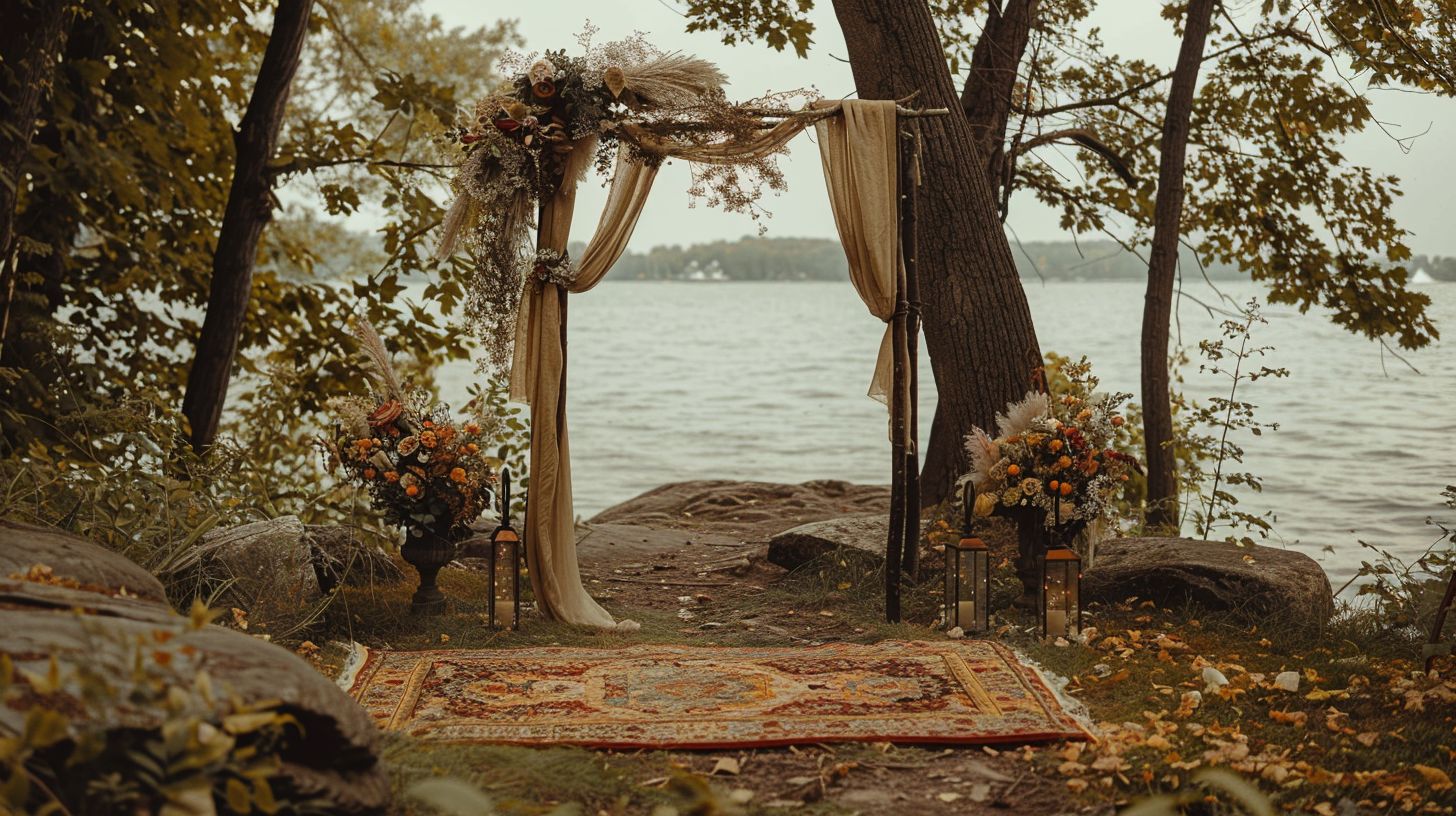 A wide-angle lens captured the beautifully decorated outdoor elopement spot in Nature Photography's image. A wide-angle lens captured the beautifully decorated outdoor elopement spot in Nature Photography's image.