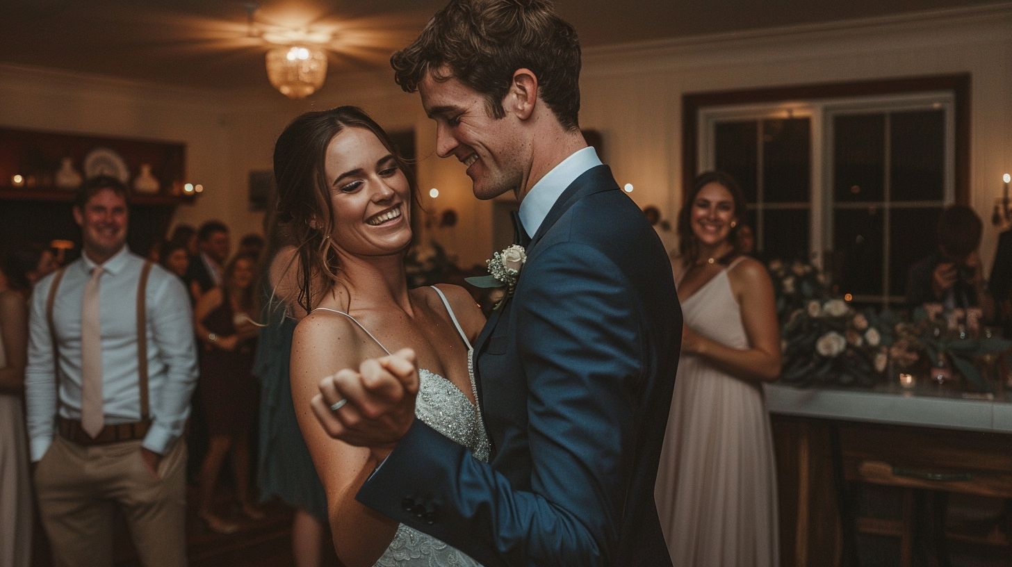 A newlywed couple sharing a spontaneous dance at their reception, captured with documentary photography. A newlywed couple sharing a spontaneous dance at their reception, captured with documentary photography.