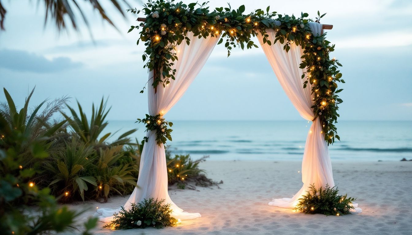 A beachside wedding setup in Tampa featuring a beautifully decorated arch with white fabric, greenery, and twinkling lights. A beachside wedding setup in Tampa featuring a beautifully decorated arch with white fabric, greenery, and twinkling lights.
