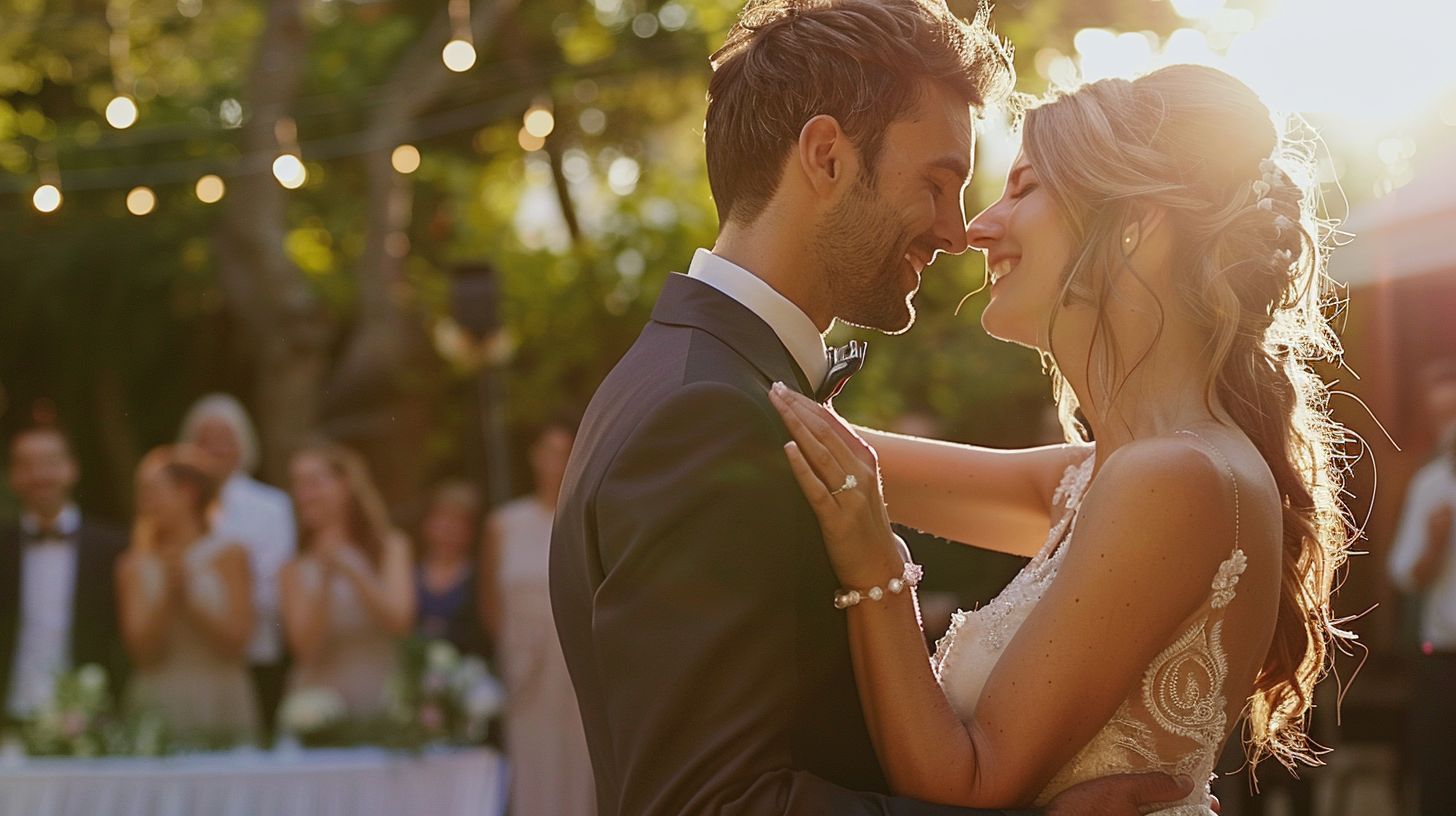 A bride and groom are dancing to live music at an outdoor wedding venue. A bride and groom are dancing to live music at an outdoor wedding venue.
