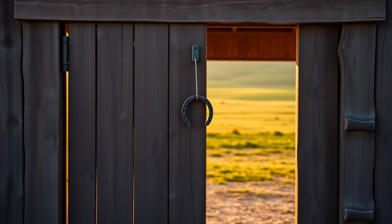 A rustic wooden barn door with a vintage horseshoe hanging from the handle in a peaceful countryside setting. A rustic wooden barn door with a vintage horseshoe hanging from the handle in a peaceful countryside setting.