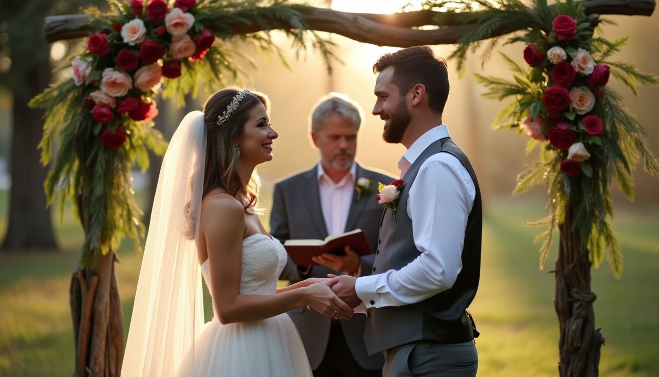A couple exchange vows under a rustic flower-adorned archway during an outdoor wedding ceremony in Orlando. A couple exchange vows under a rustic flower-adorned archway during an outdoor wedding ceremony in Orlando.