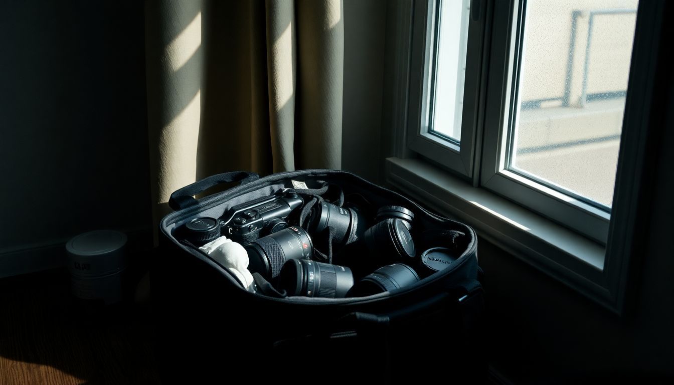 A camera bag filled with equipment sits in a dimly lit room. A camera bag filled with equipment sits in a dimly lit room.
