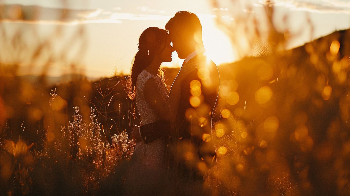 The wedding videographer captures a romantic embrace in a picturesque outdoor setting with a full-frame DSLR camera. The wedding videographer captures a romantic embrace in a picturesque outdoor setting with a full-frame DSLR camera.