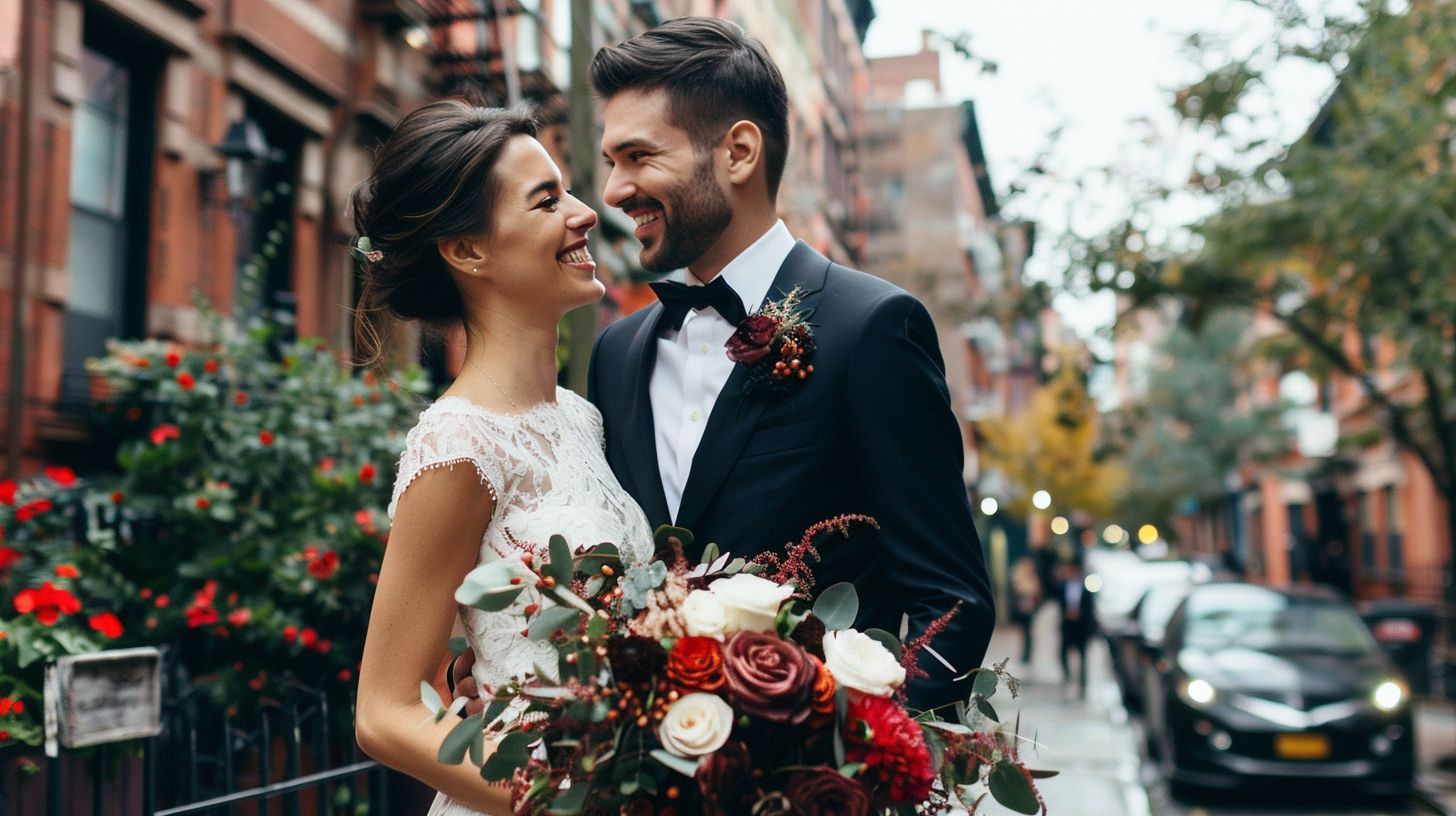 A stylish bride and groom share a candid moment in an urban city setting. A stylish bride and groom share a candid moment in an urban city setting.