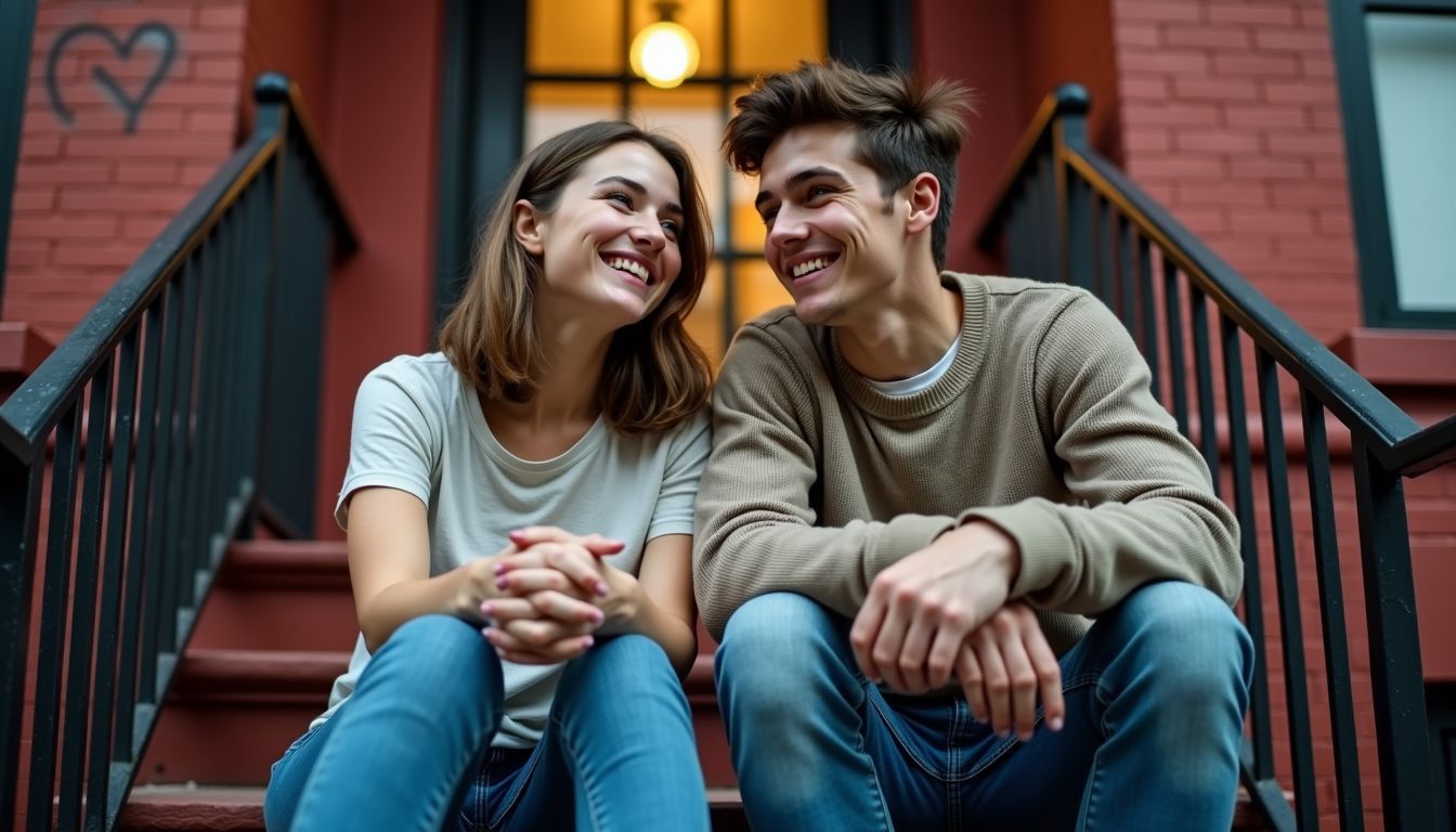 A young man and woman sit on a brick stoop in an urban neighborhood, sharing a laugh. A young man and woman sit on a brick stoop in an urban neighborhood, sharing a laugh.