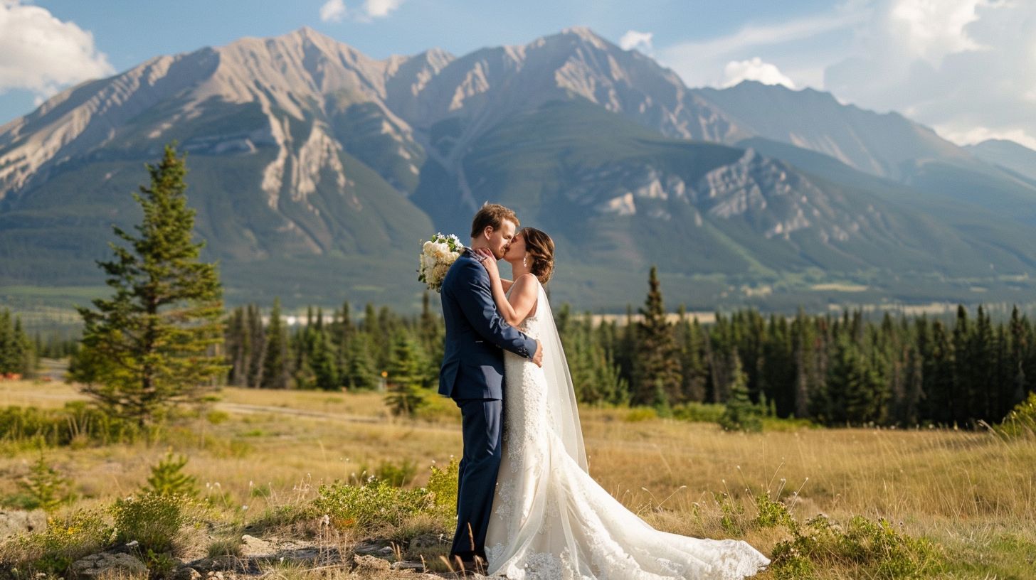 A newlywed couple embracing in front of a scenic mountain backdrop. A newlywed couple embracing in front of a scenic mountain backdrop.