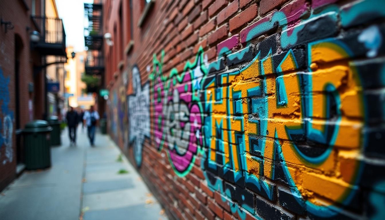 Vibrant street art on a brick wall in a lively urban alleyway. Vibrant street art on a brick wall in a lively urban alleyway.