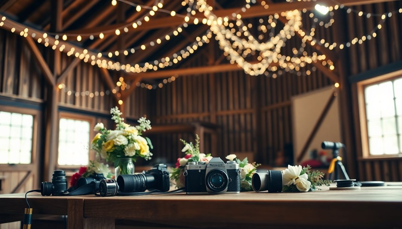 A rustic barn venue with vintage camera and photography equipment, adorned with fairy lights and floral arrangements. A rustic barn venue with vintage camera and photography equipment, adorned with fairy lights and floral arrangements.