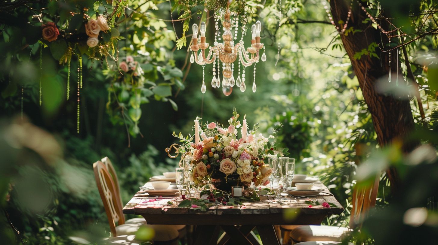 A wedding table adorned with lush greenery in a natural setting. A wedding table adorned with lush greenery in a natural setting.