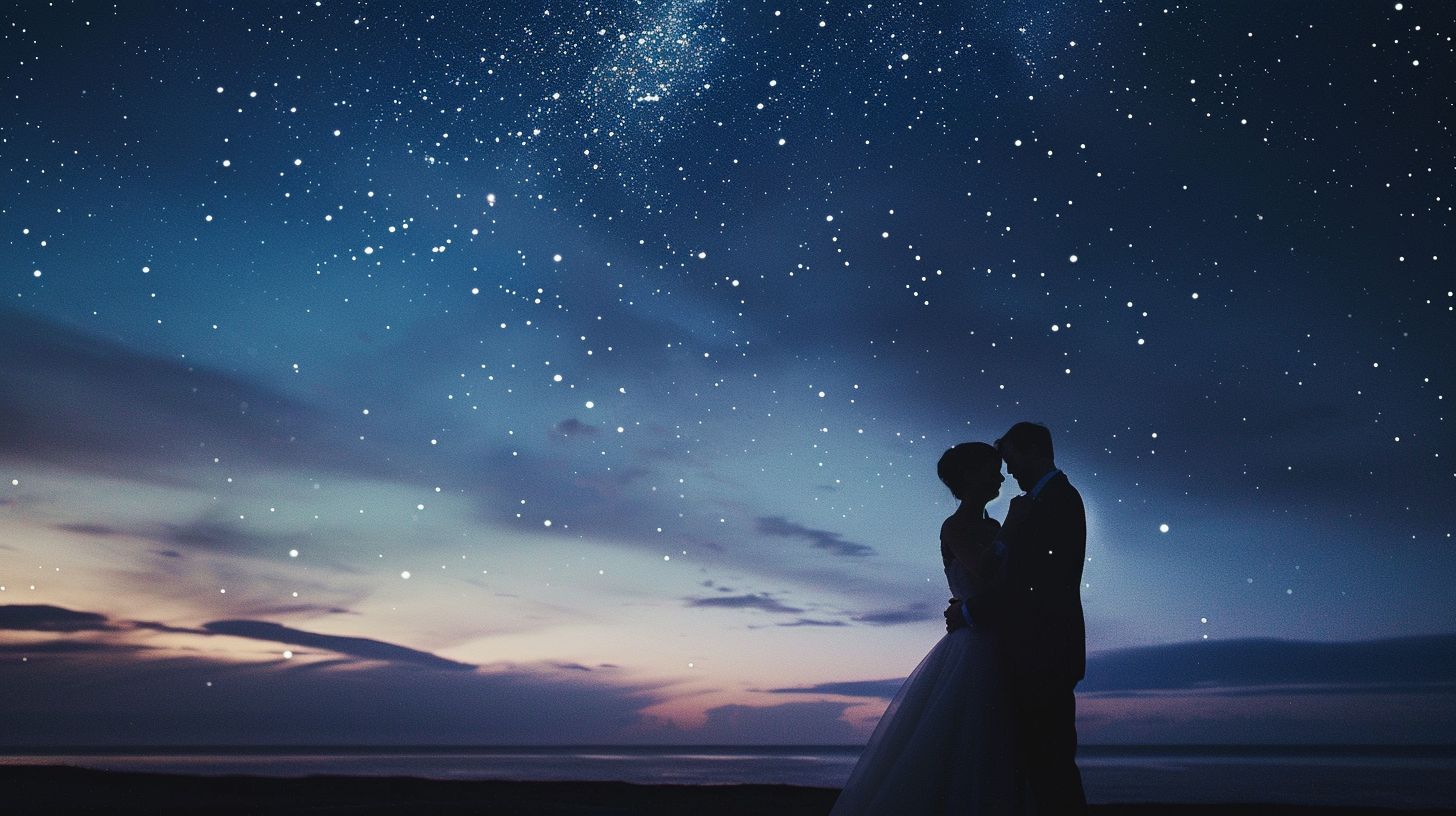 A newlywed couple dancing under a starlit sky in a cityscape setting. A newlywed couple dancing under a starlit sky in a cityscape setting.