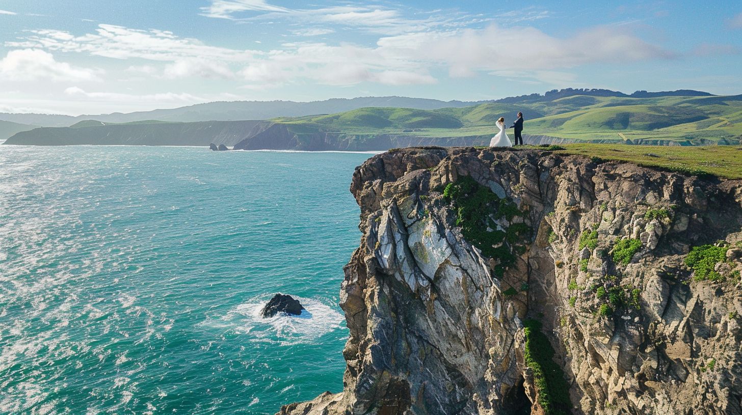 A couple exchanges vows on a scenic oceanfront cliff captured by Seascape Photography. A couple exchanges vows on a scenic oceanfront cliff captured by Seascape Photography.