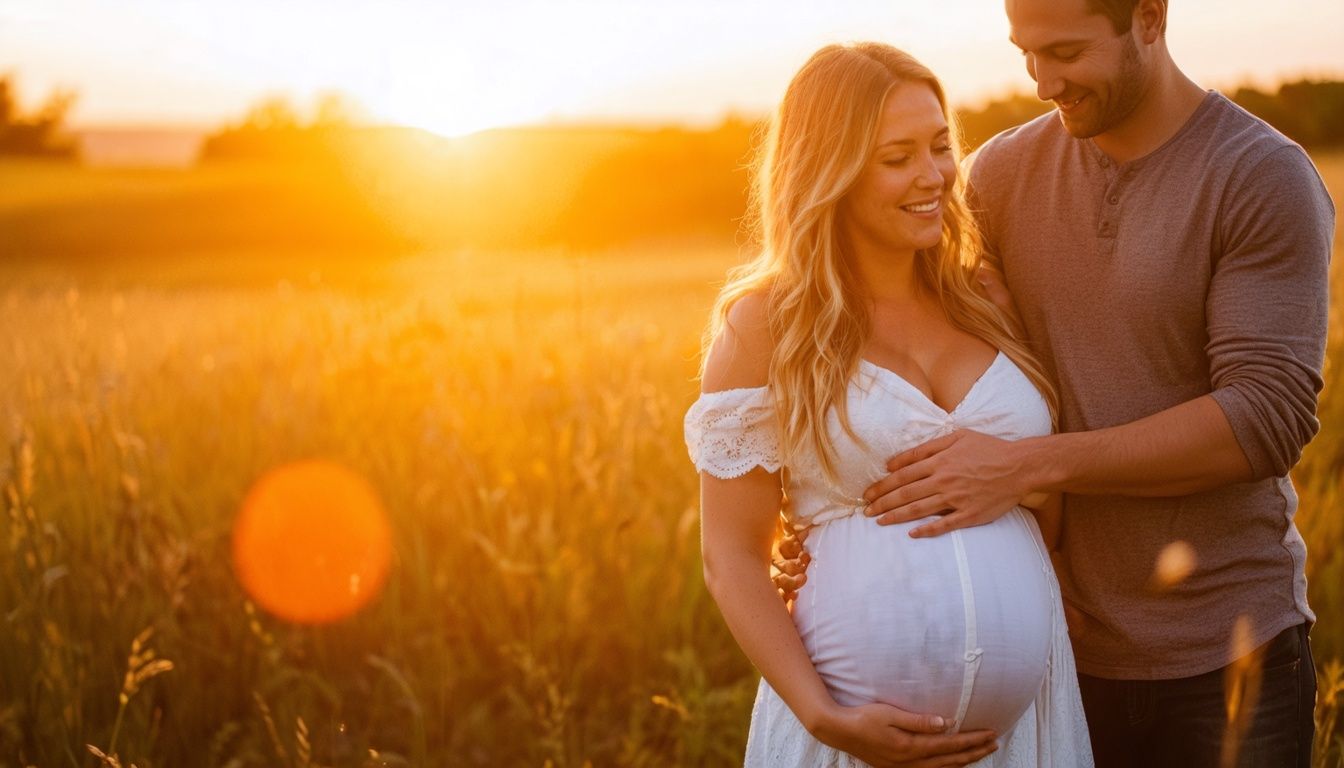A couple in their late twenties enjoying a maternity photoshoot outdoors during golden hour at 32 weeks pregnant. A couple in their late twenties enjoying a maternity photoshoot outdoors during golden hour at 32 weeks pregnant.