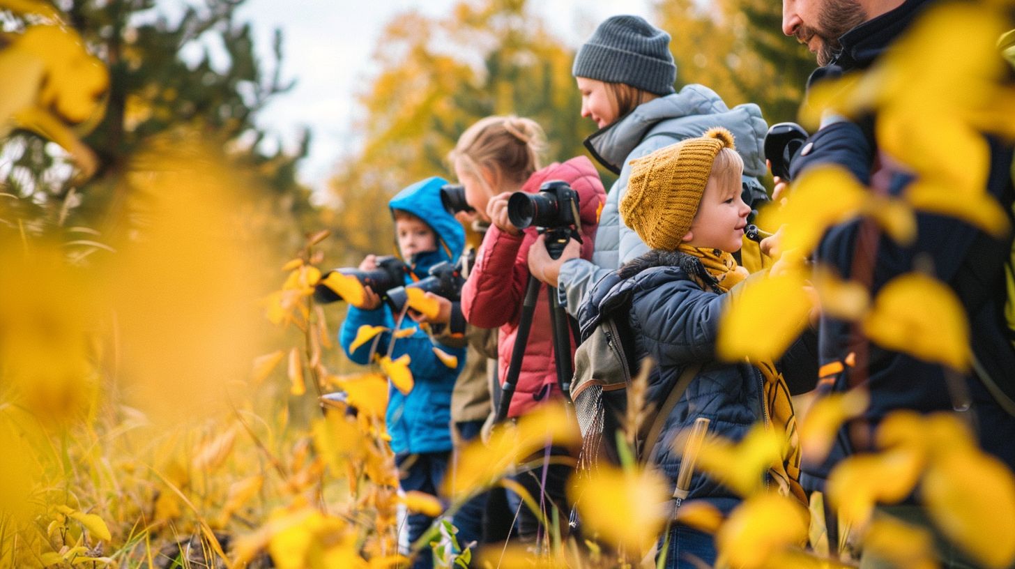 A large family enjoys nature photography in a scenic park using a wide-angle lens. A large family enjoys nature photography in a scenic park using a wide-angle lens.