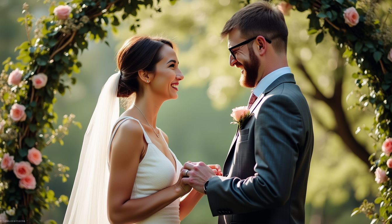 A couple exchanging vows beneath a floral archway in a casual outdoor ceremony. A couple exchanging vows beneath a floral archway in a casual outdoor ceremony.