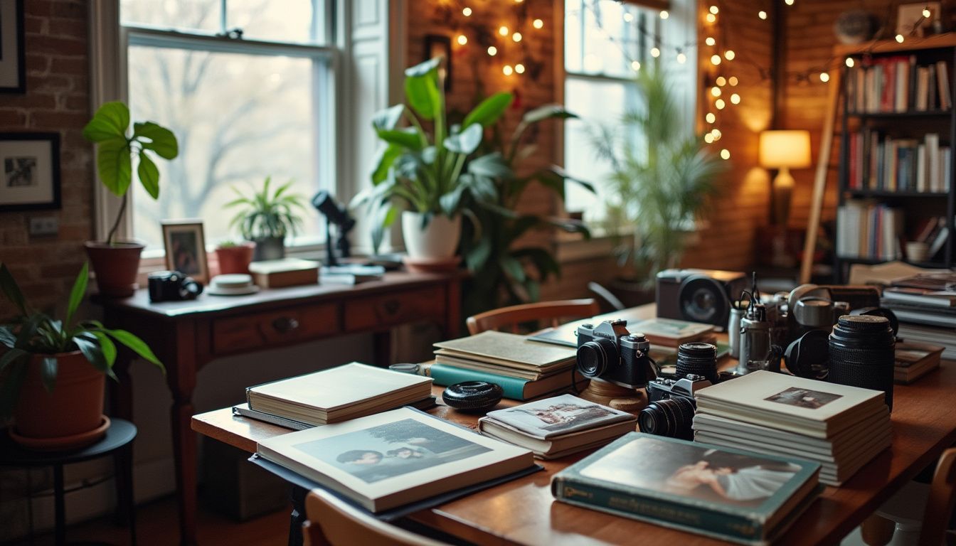 A cozy, cluttered New York City loft with vintage photography props and wedding albums. A cozy, cluttered New York City loft with vintage photography props and wedding albums.
