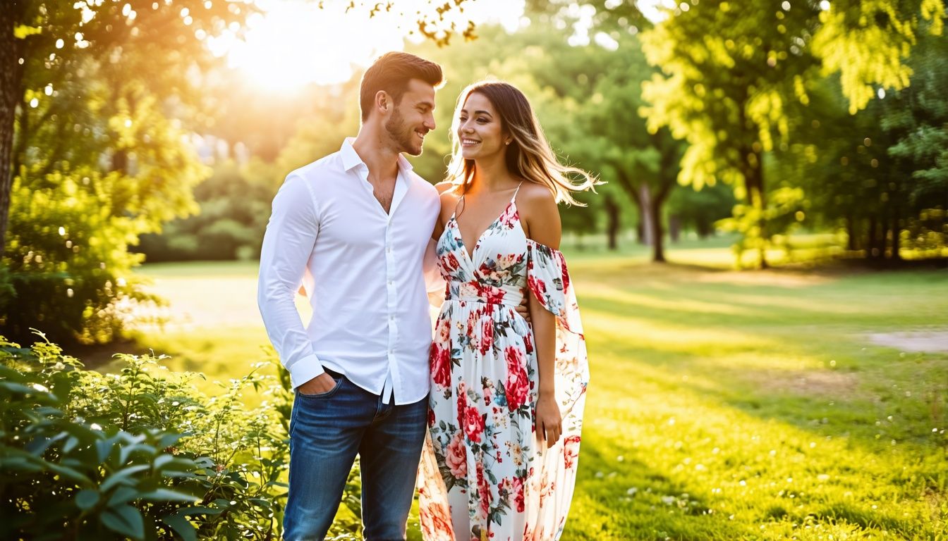 A couple in their late 20s posing in a park, with the man in a white dress shirt and jeans, and the woman in a floral maxi dress. A couple in their late 20s posing in a park, with the man in a white dress shirt and jeans, and the woman in a floral maxi dress.