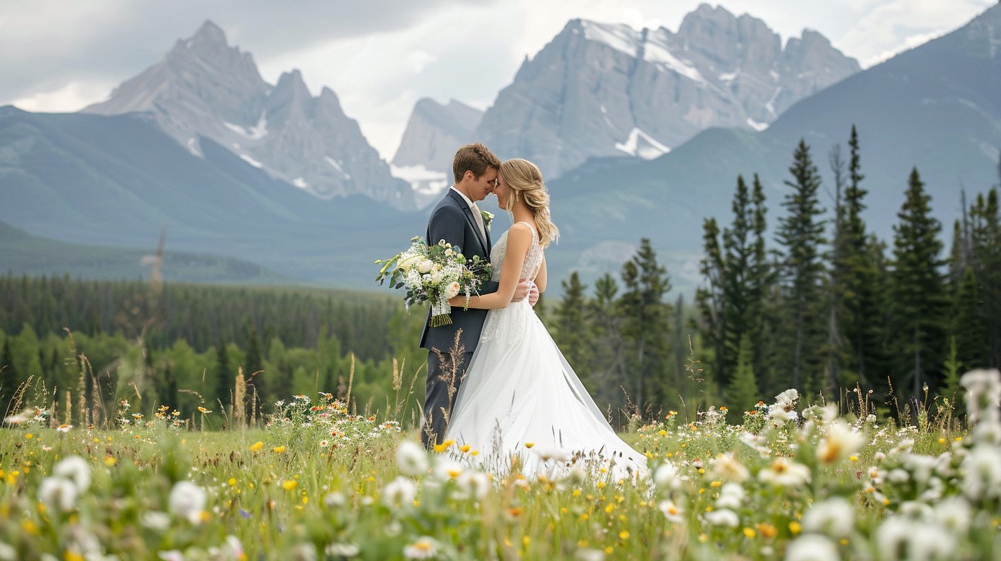 A bride and groom standing in a field of wildflowers with the Rocky Mountains in the background. A bride and groom standing in a field of wildflowers with the Rocky Mountains in the background.