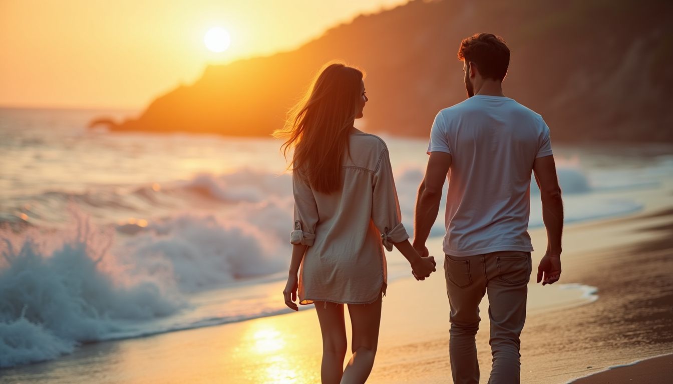 A couple in their late 20s walks hand in hand along the shoreline at sunset. A couple in their late 20s walks hand in hand along the shoreline at sunset.