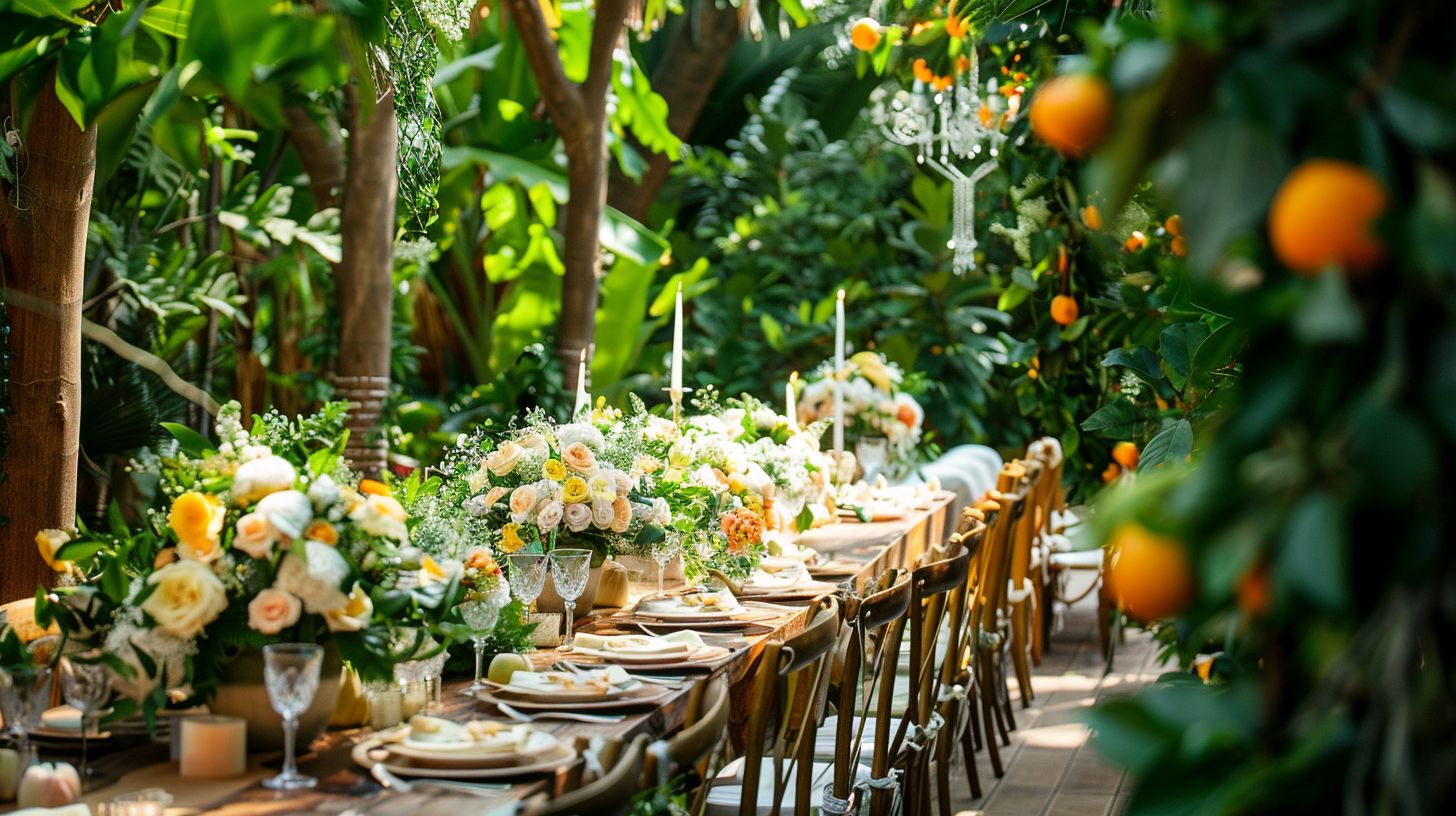 A wedding table adorned with lush greenery in a natural setting. A wedding table adorned with lush greenery in a natural setting.