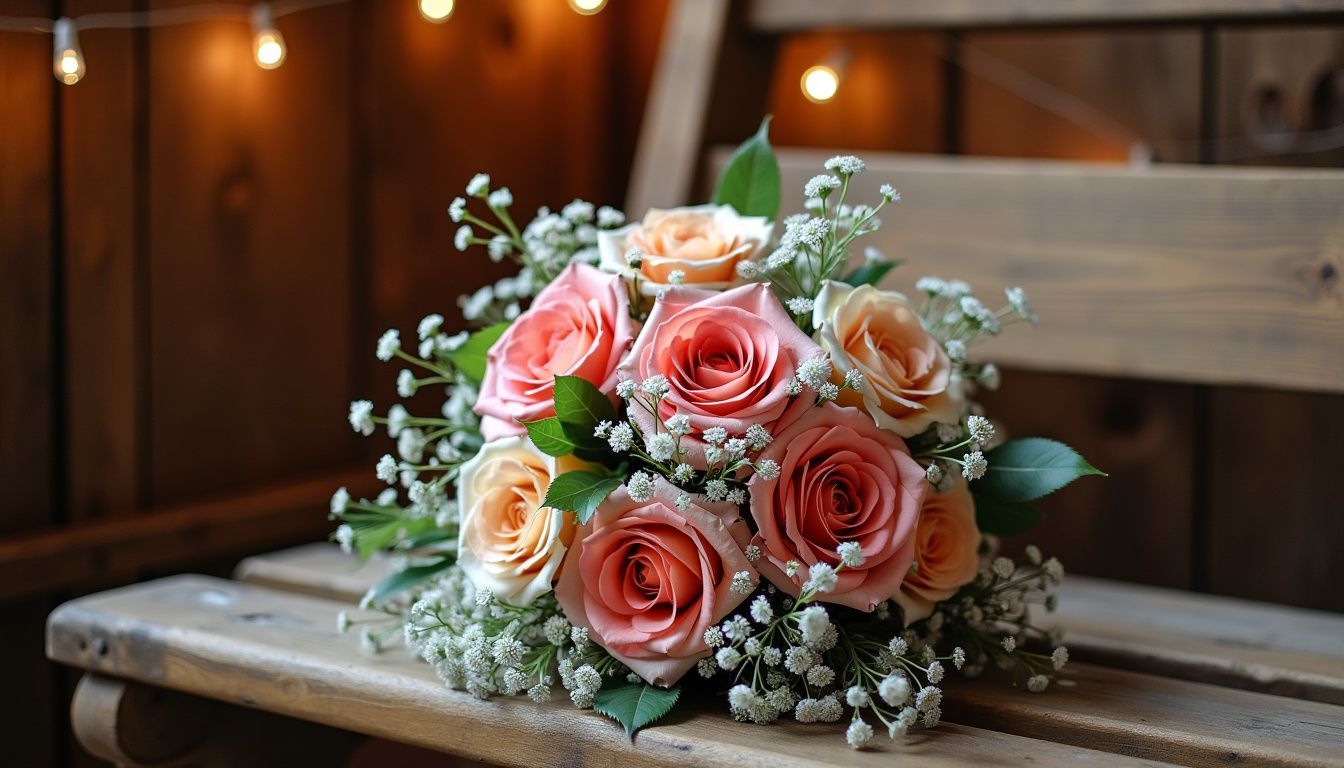 A bridal bouquet of bright roses and baby's breath on a rustic barn bench. A bridal bouquet of bright roses and baby's breath on a rustic barn bench.