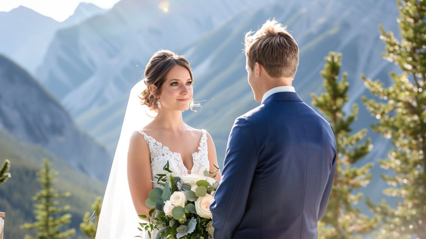 A bride and groom exchange vows with a mountain backdrop. A bride and groom exchange vows with a mountain backdrop.