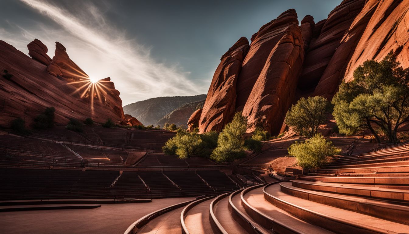 A diverse group of people in different outfits are seen against the natural rock formations at Red Rocks Amphitheatre. A diverse group of people in different outfits are seen against the natural rock formations at Red Rocks Amphitheatre.