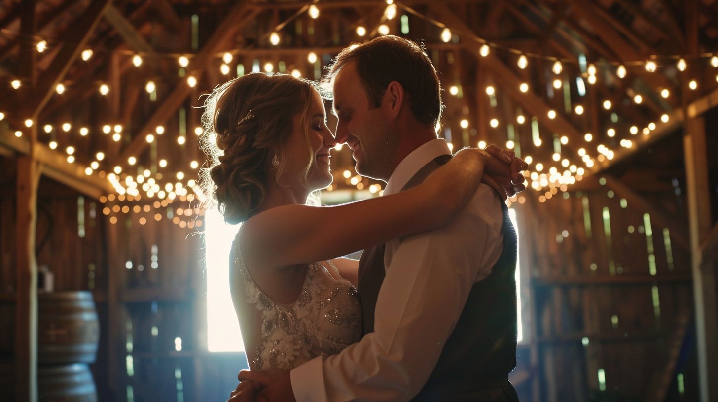 A newly married couple dancing in a rustic barn on their wedding day. A newly married couple dancing in a rustic barn on their wedding day.