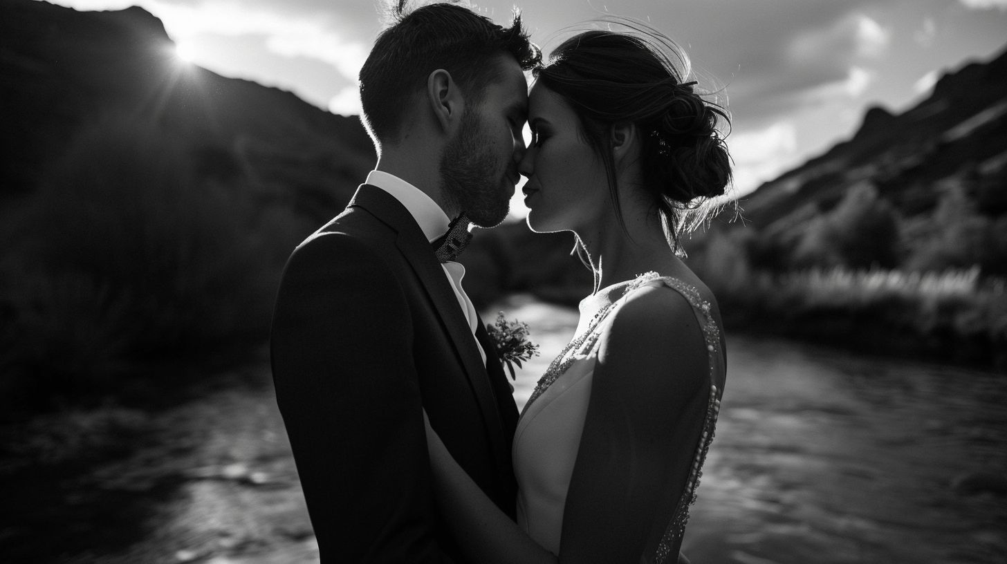 A bride and groom share an intimate moment in a natural outdoor setting. A bride and groom share an intimate moment in a natural outdoor setting.