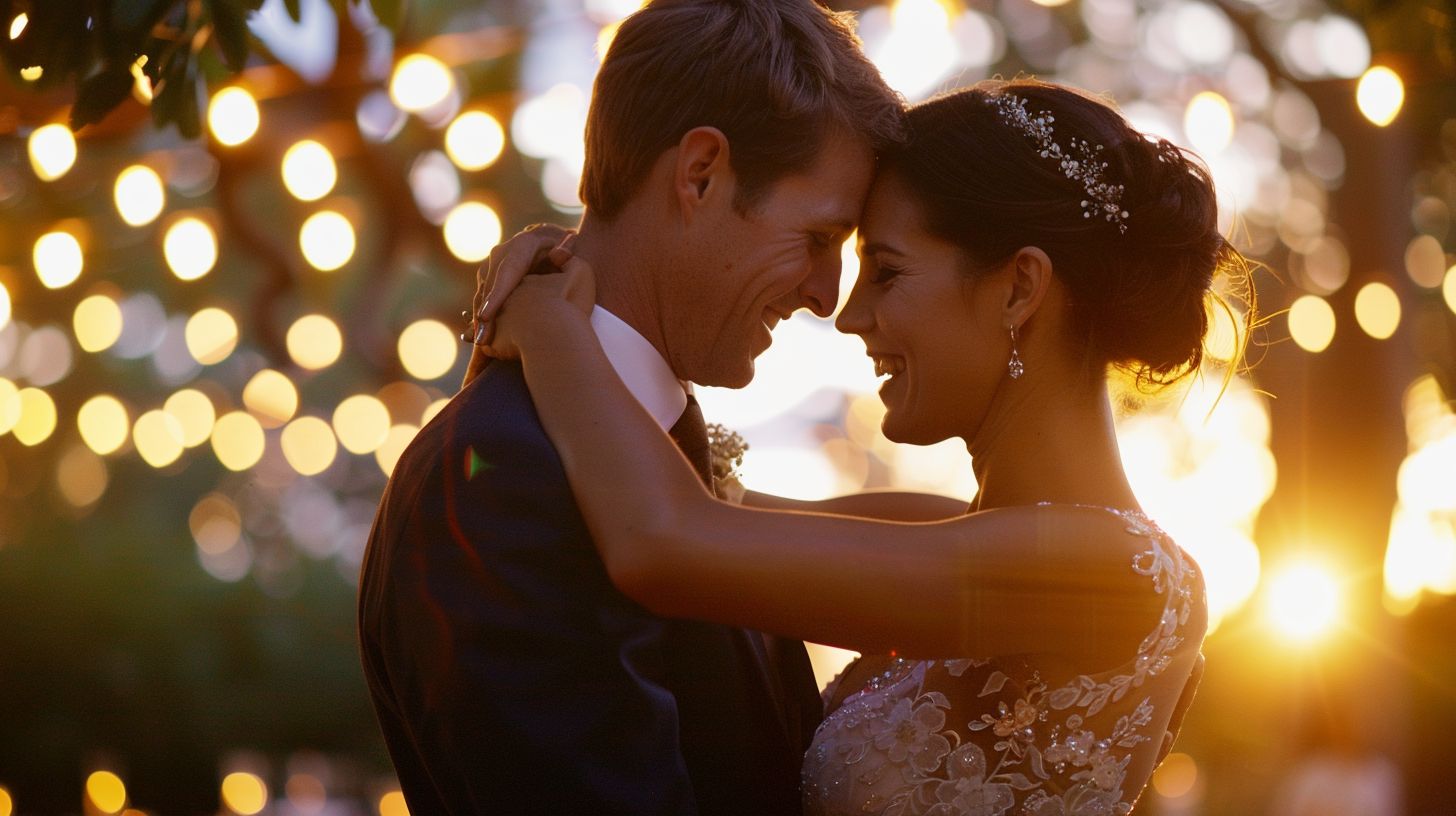 A bride and groom sharing their first dance at a wedding venue. A bride and groom sharing their first dance at a wedding venue.