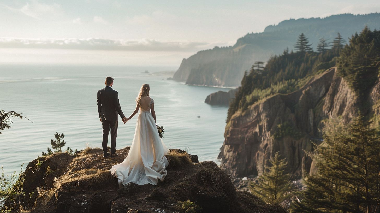 A bride and groom hold hands on a stunning ocean cliff for a wedding photo. A bride and groom hold hands on a stunning ocean cliff for a wedding photo.