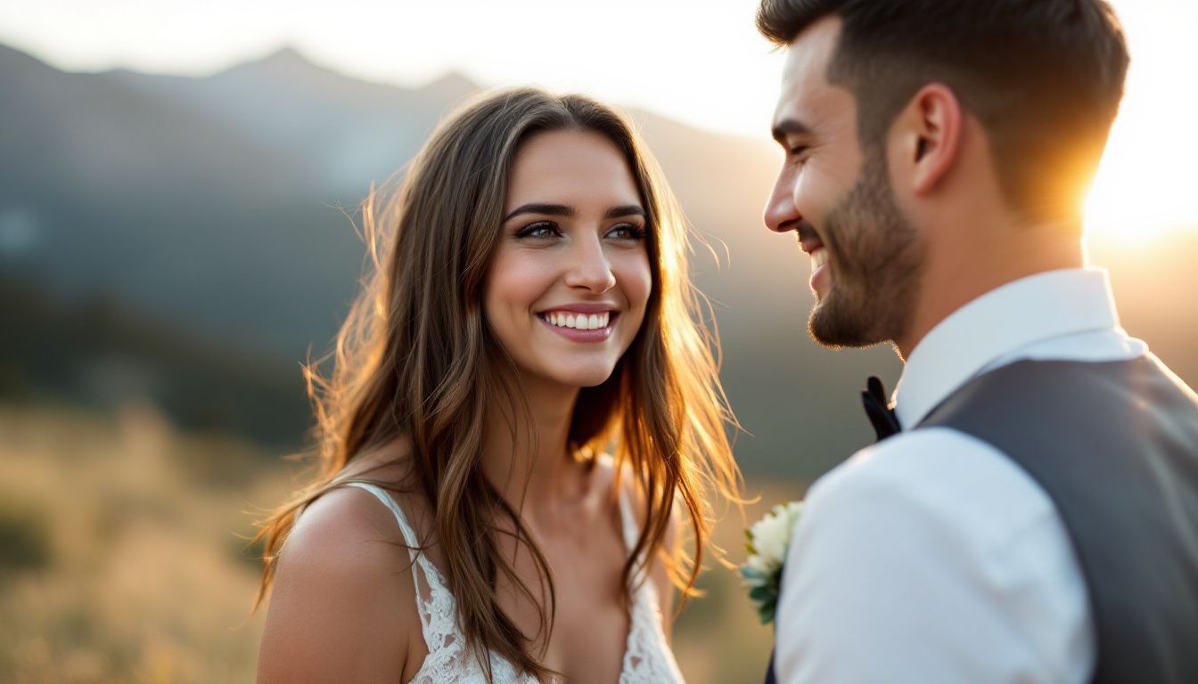 A wedding photographer in Denver captures a candid moment during a sunset mountain ceremony. A wedding photographer in Denver captures a candid moment during a sunset mountain ceremony.