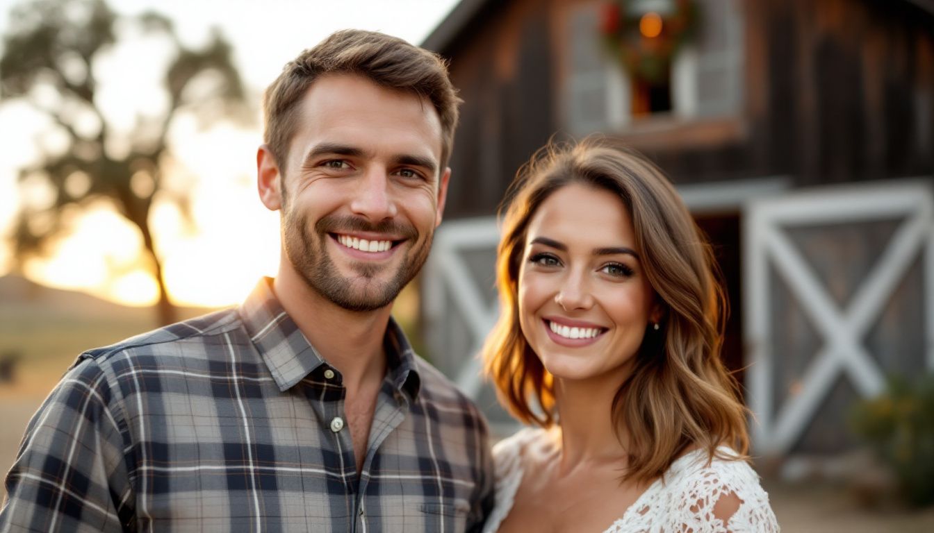 A man and a woman stand in front of a rustic barn at a ranch in Southern California. A man and a woman stand in front of a rustic barn at a ranch in Southern California.